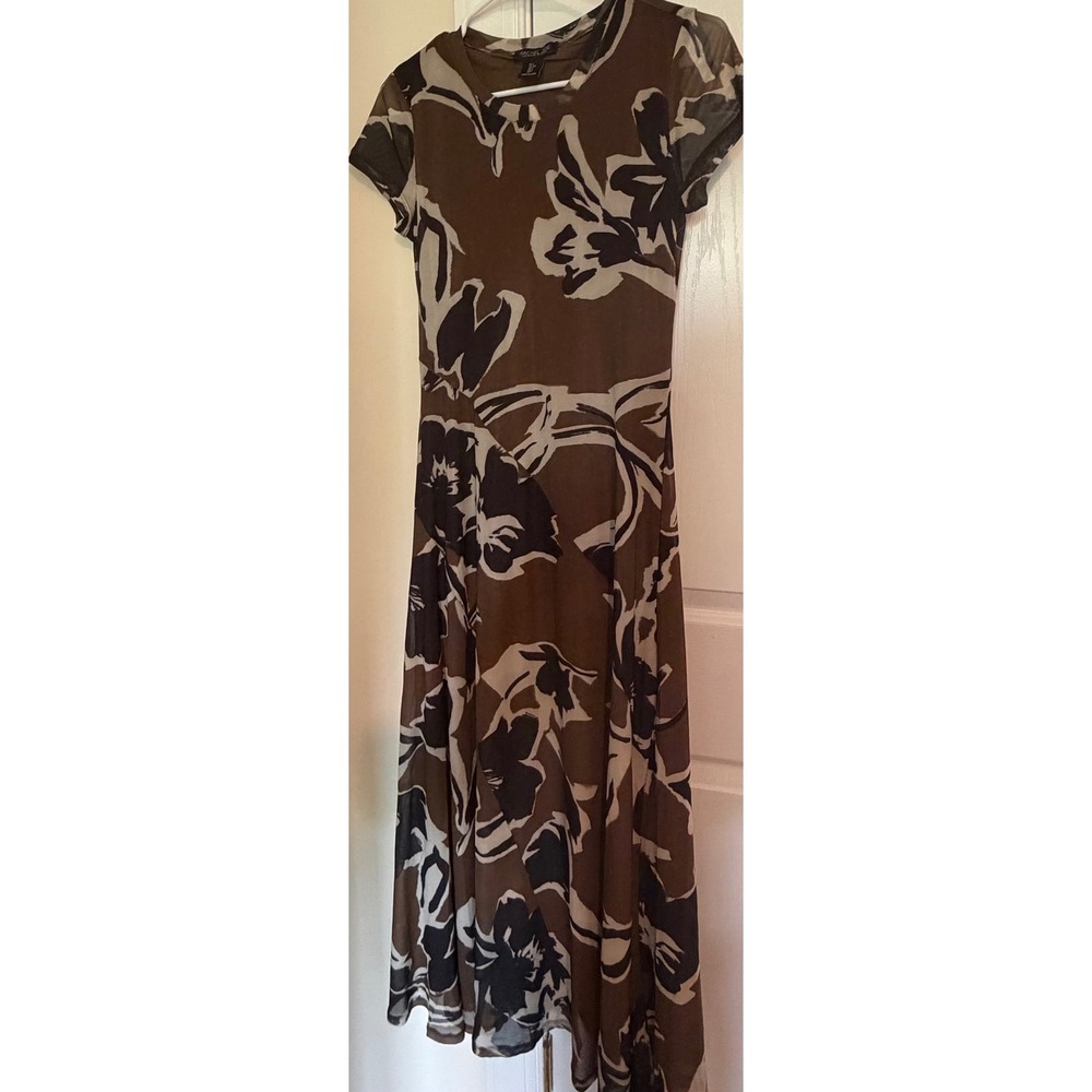 Rachel Zoe Brown Floral Mesh Midi Dress Short Sleeve Size Small